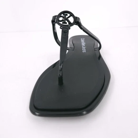 Calvin Klein Edhen Black Flat T Strap Thong Logo Sandals Womens Size 6 M - Picture 13 of 16